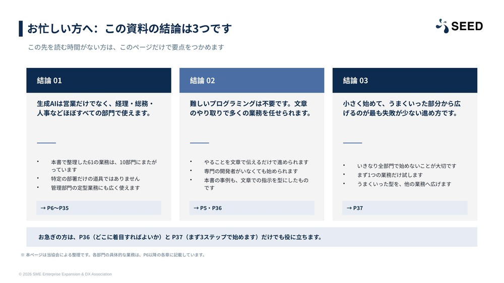 この資料の結論3つを示すページ